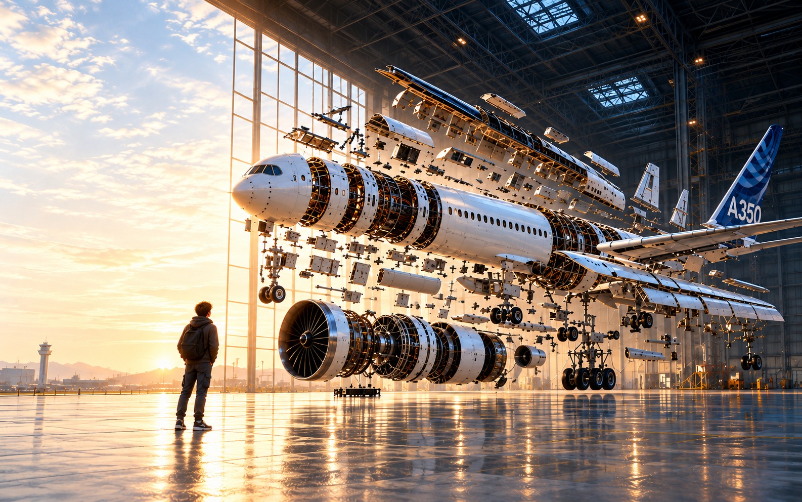 Chlapec s batohem pozoruje rozložený Airbus A350 v prosluněném hangáru. Koncepční ilustrace.