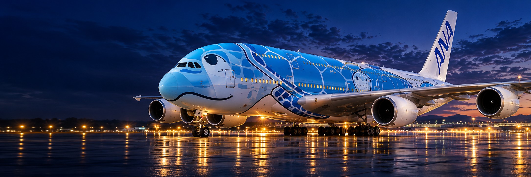 Koncepční ilustrace modrého A380 Flying Honu Lani na noční letištní ploše.