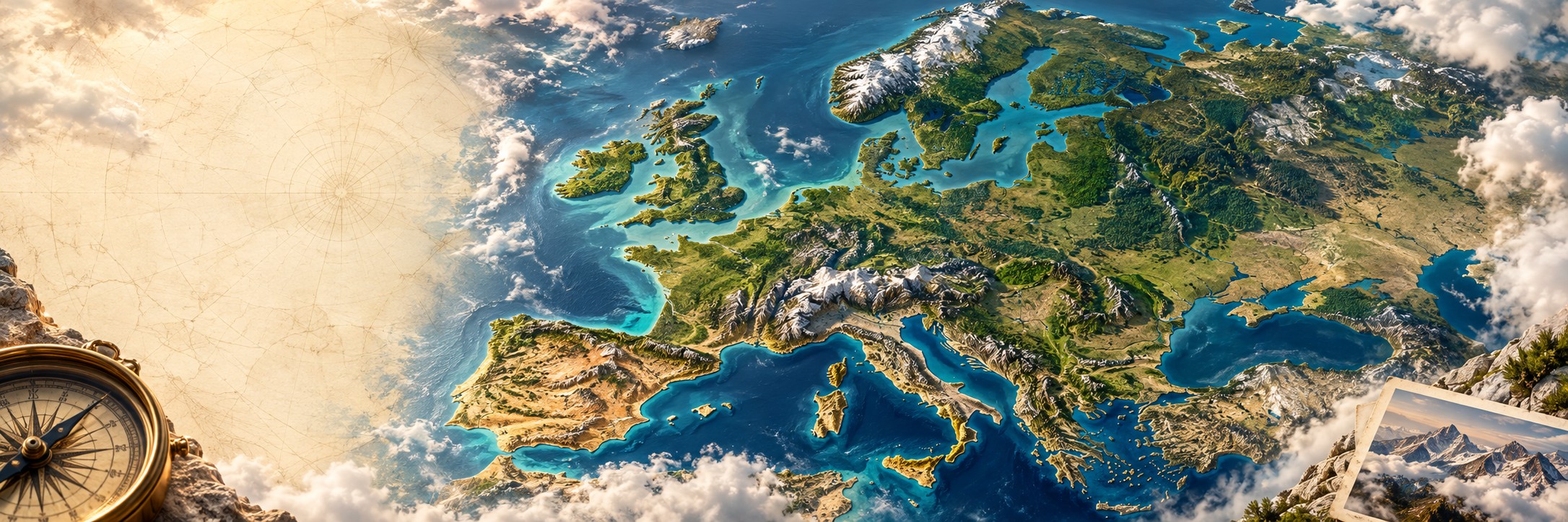 Ilustrovaná reliéfní mapa Evropy s Alpami, pobřežím a cestovatelským kompasem.